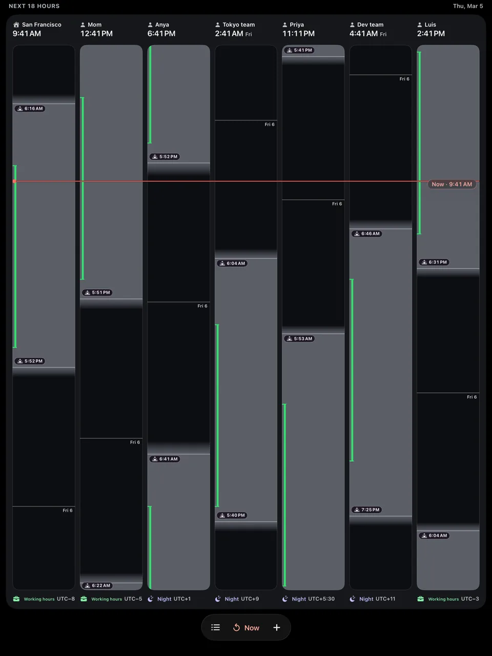 Meridian on iPad, showing a whole team's lanes side by side on one card.