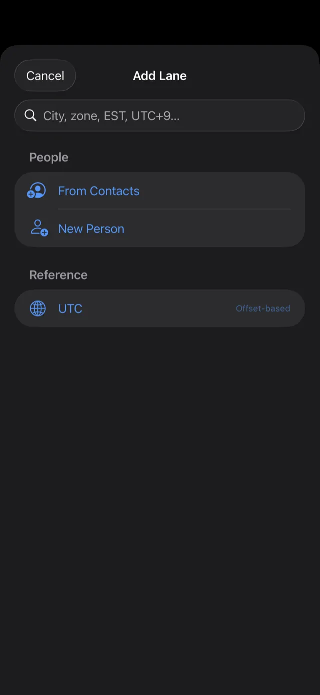 Meridian's add-a-lane sheet, offering places, people from Contacts, and fixed offsets like UTC.