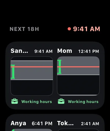 Meridian on Apple Watch: a roster of lanes, two to a card, each with its own shaded column.