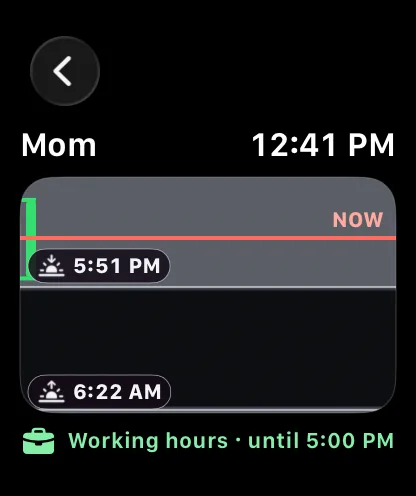 A single lane on Apple Watch, with sunrise and sunset chips down the column.